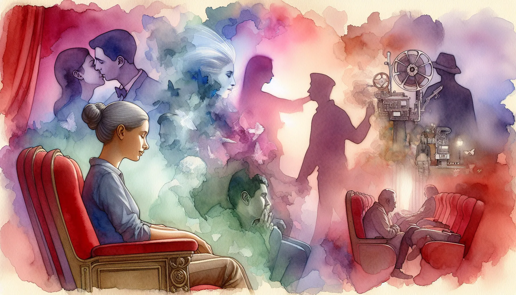 A person watching emotional film scenes in a watercolor theater.