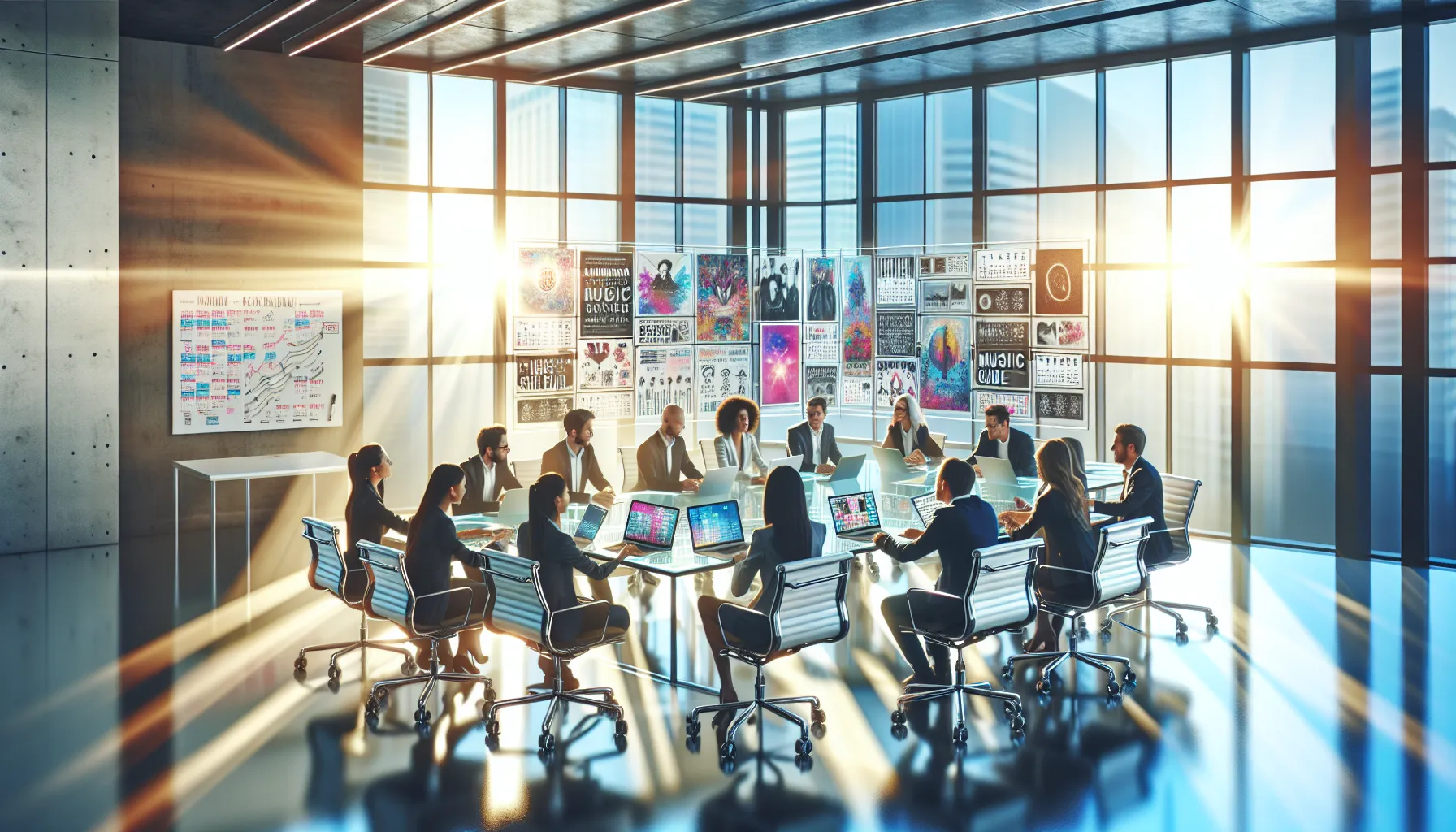 diverse team discussing music events in a modern office.