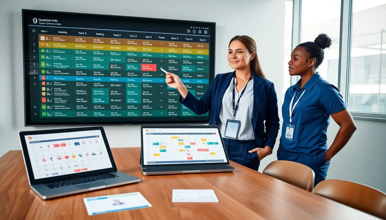 Roster 2 Manager pointing to a digital roster on a touchscreen in an operations hub.