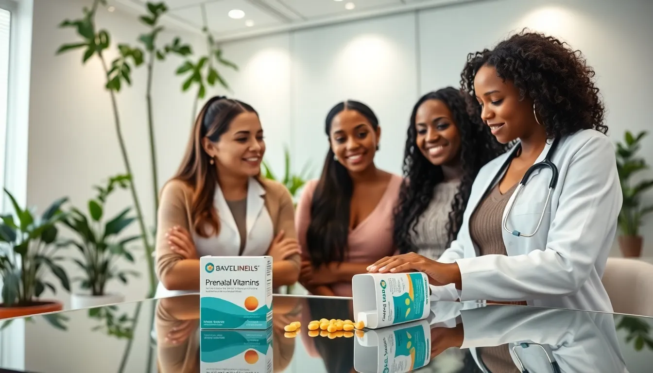 diverse women discussing prenatal vitamins in a modern healthcare setting.