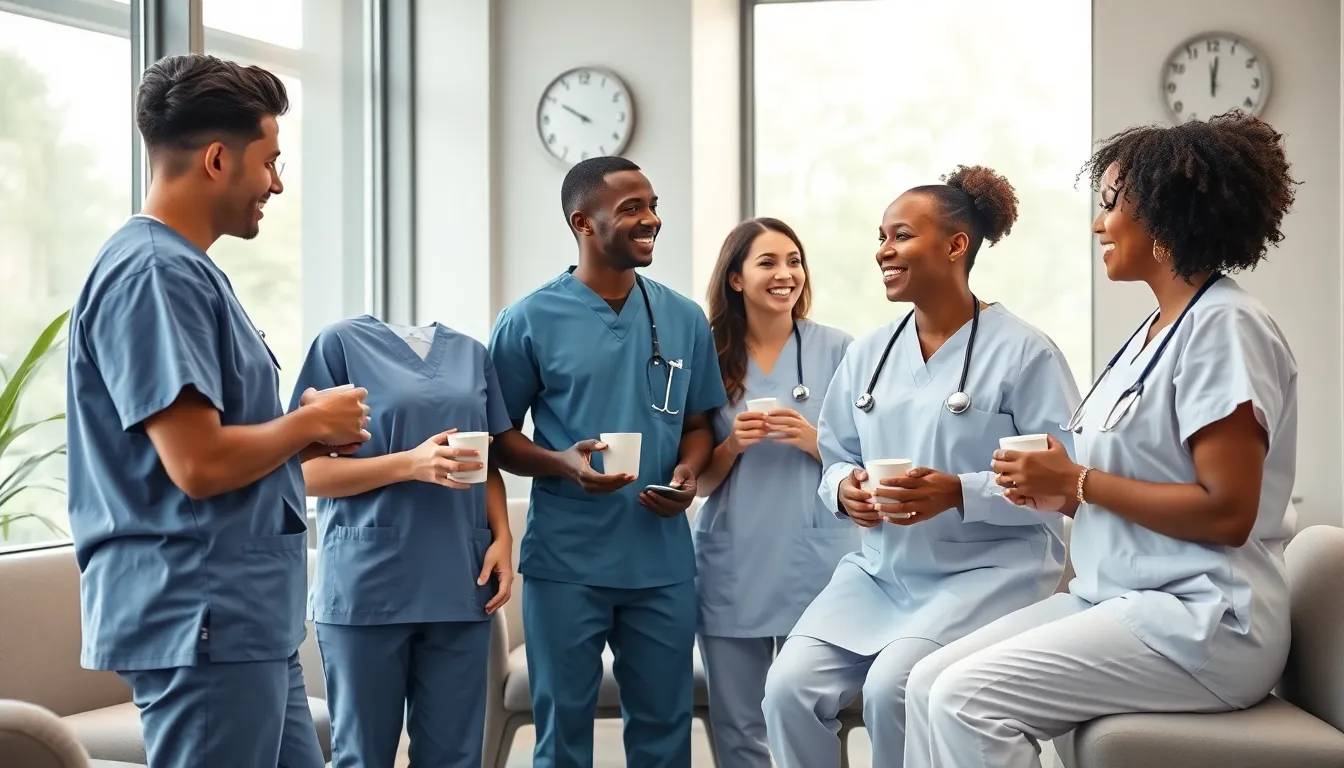 diverse surgeons in a break room discussing work-life balance.
