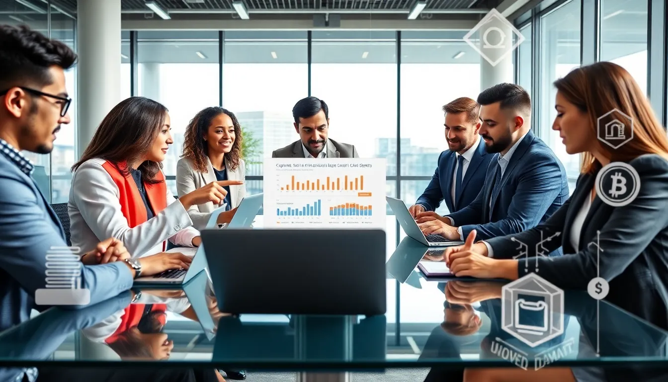 diverse professionals discussing economic trends in a modern office.