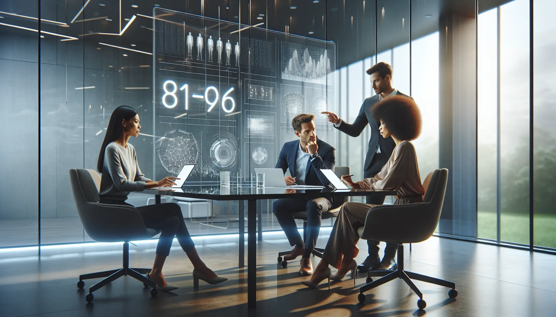 professionals discussing the significance of a number in a modern office.