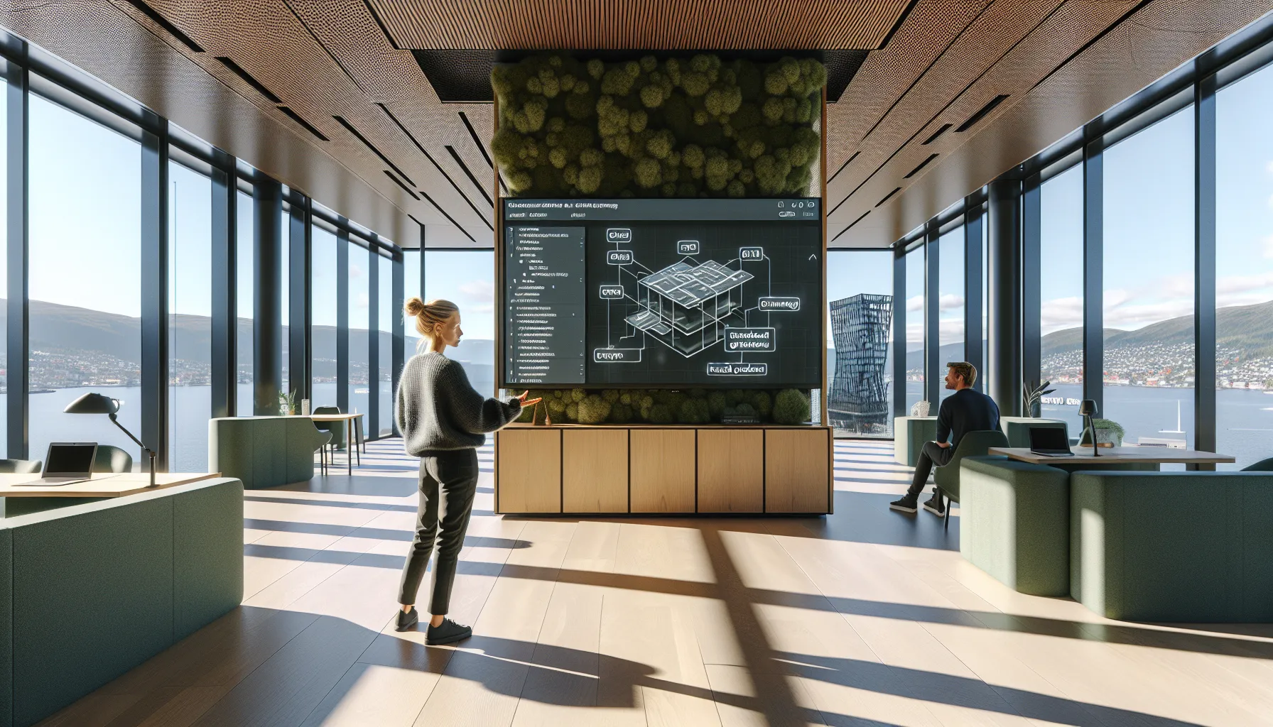 Developers present api-first, headless architecture in a bright oslo tech studio.