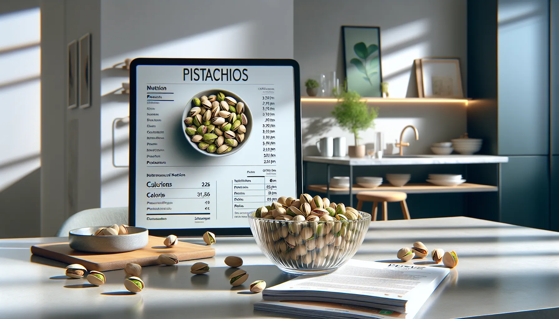 Bowl of pistachios with nutrition chart in modern kitchen setting.