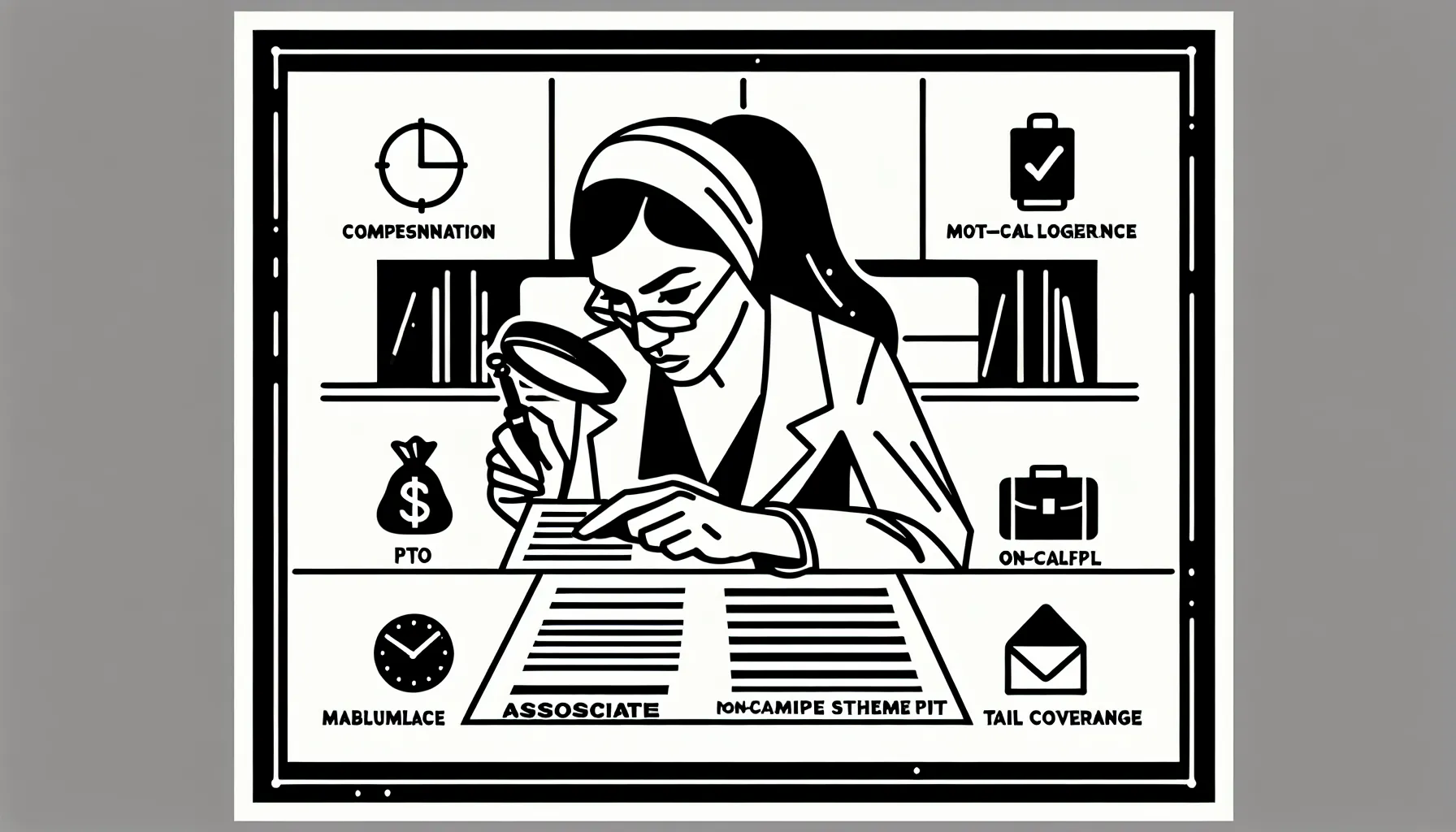 Veterinarian reviewing an associate contract with magnifying glass and clause icons.