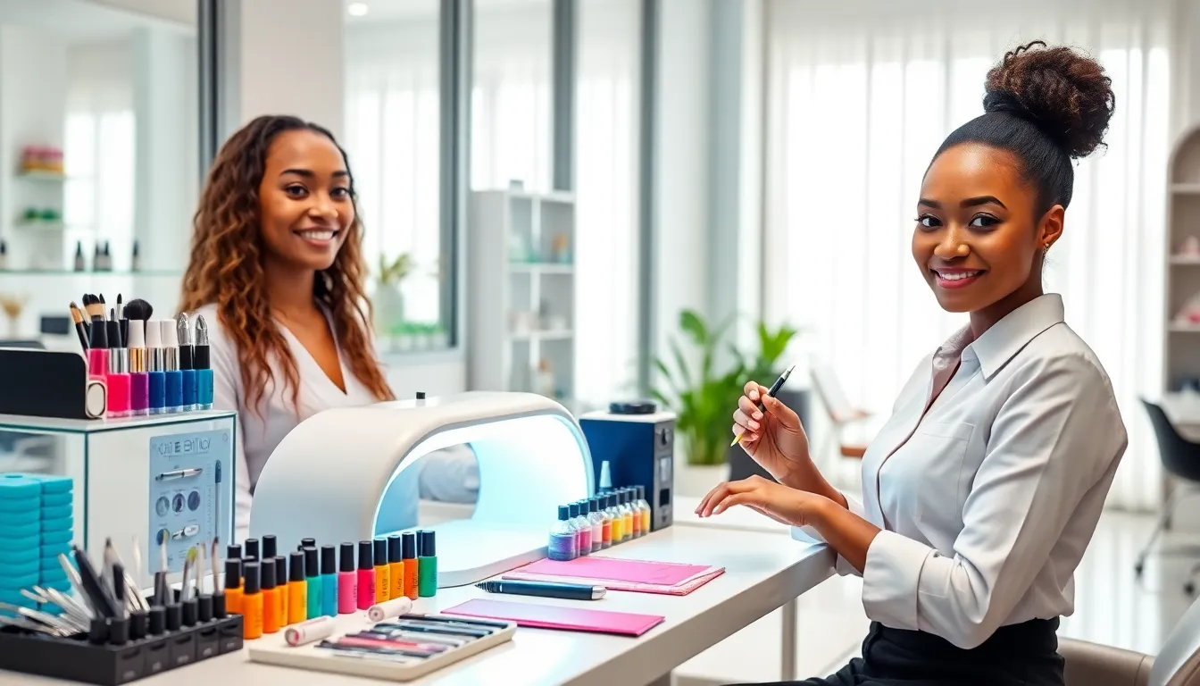 modern nail technician workspace with essential nail tools and vibrant polishes.