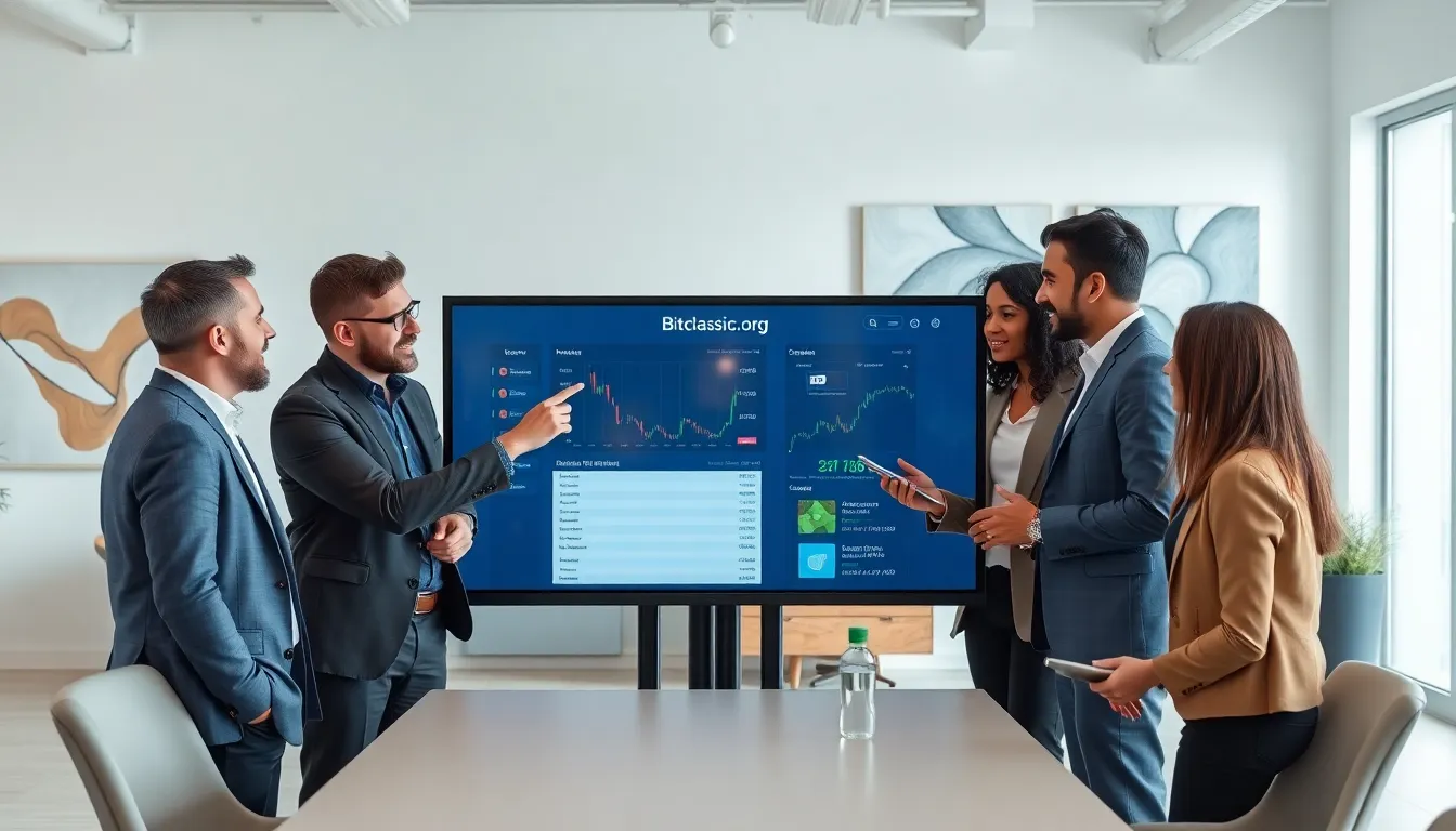 diverse group discussing cryptocurrency platform in a modern office.
