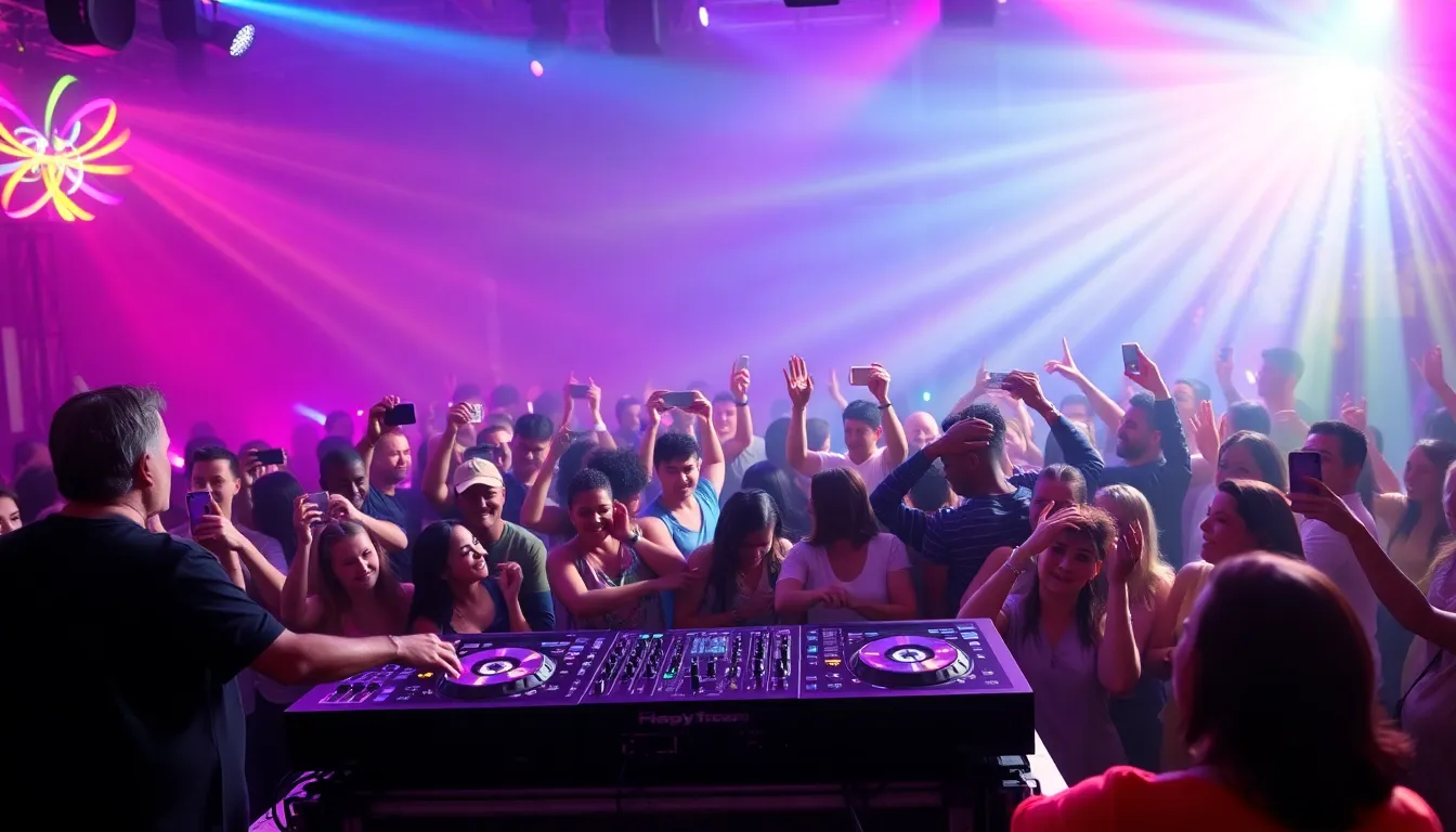 diverse crowd dancing to popular 2022 dance tracks.
