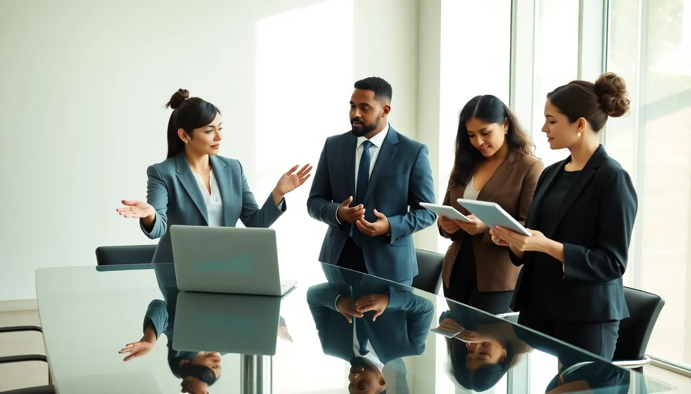 diverse professionals collaborating in a calm office setting.
