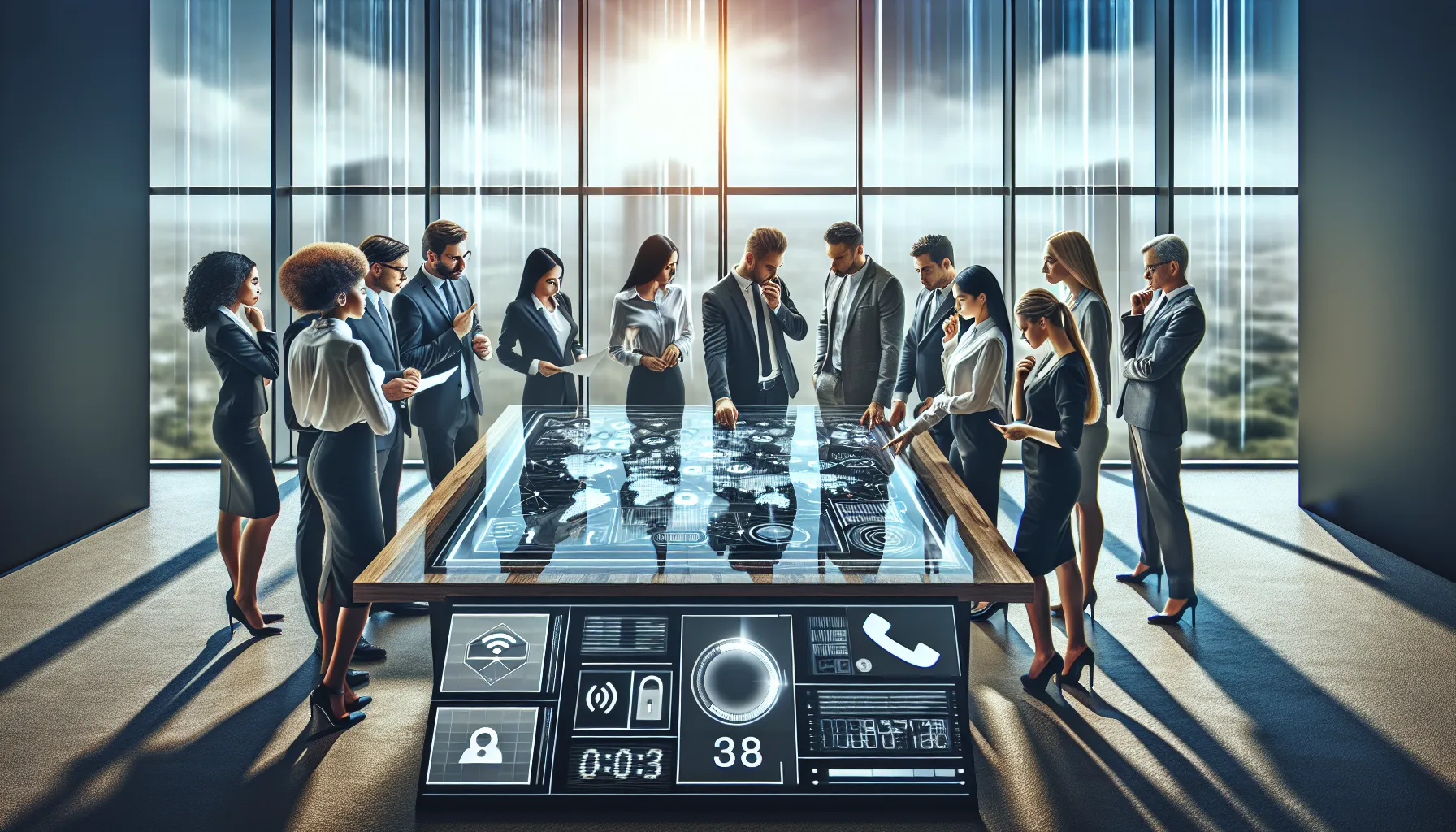 diverse professionals discussing digital information in a modern office