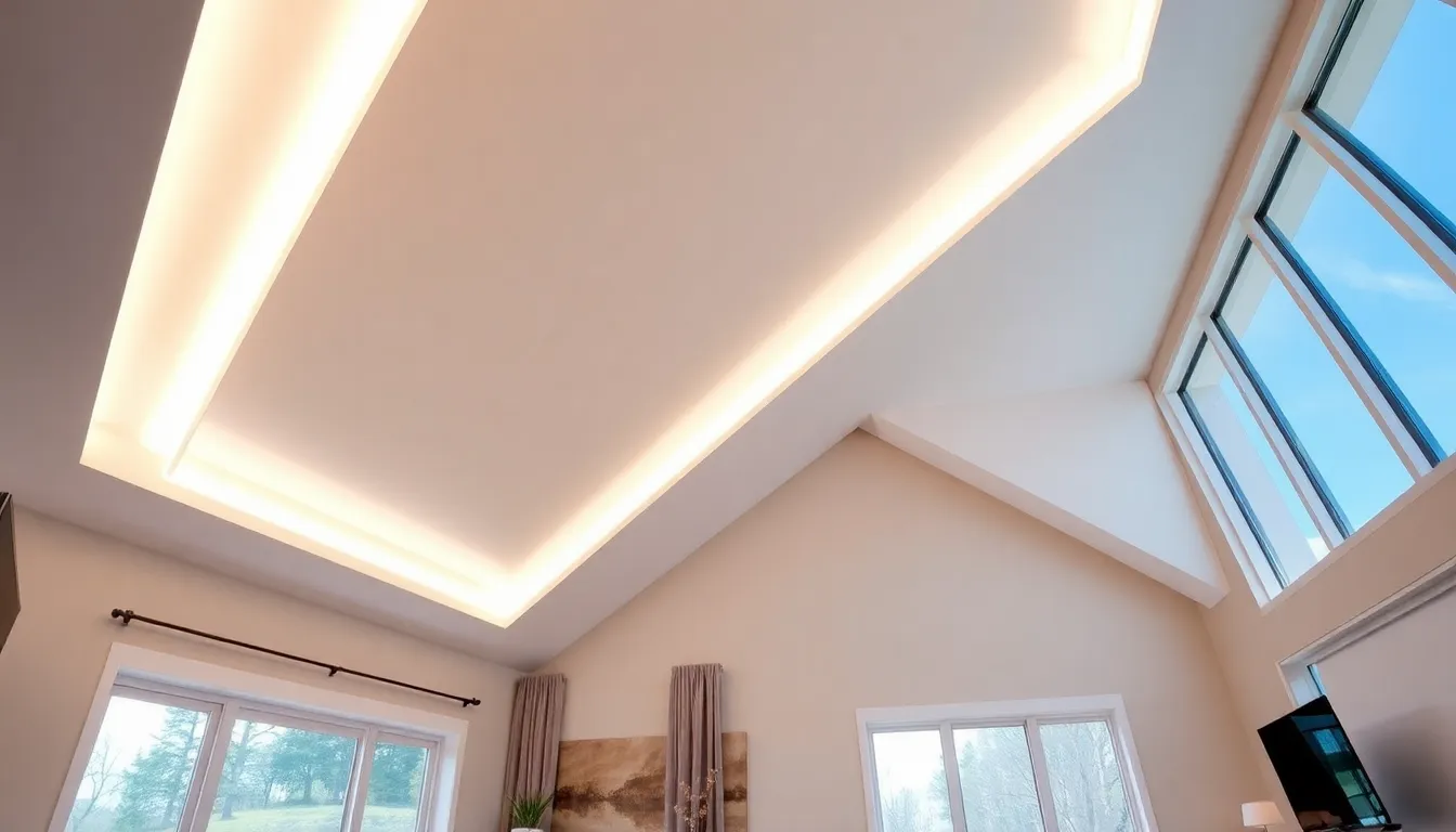 modern living room with vaulted ceiling and recessed lighting.