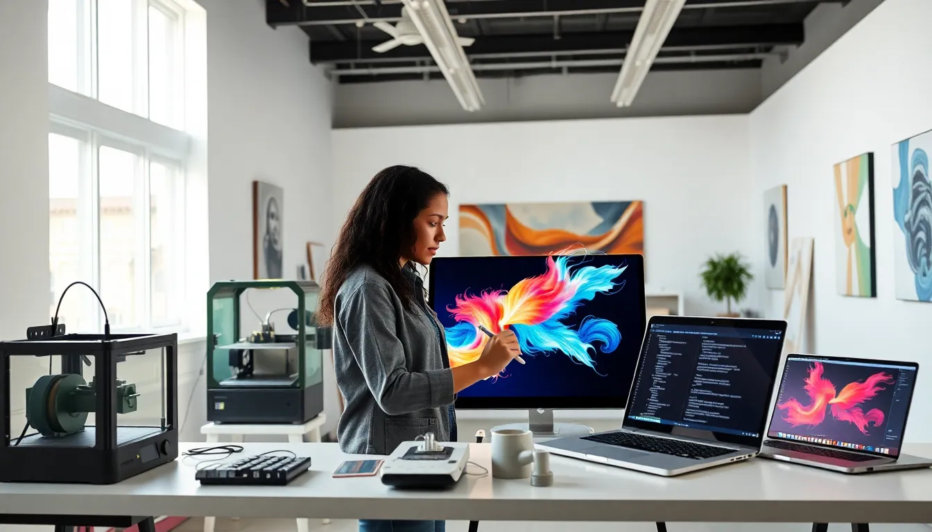 artist creating technology art in a modern studio.