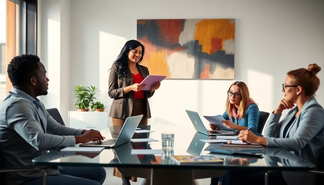 diverse team collaborating on a media analysis essay in a modern office.