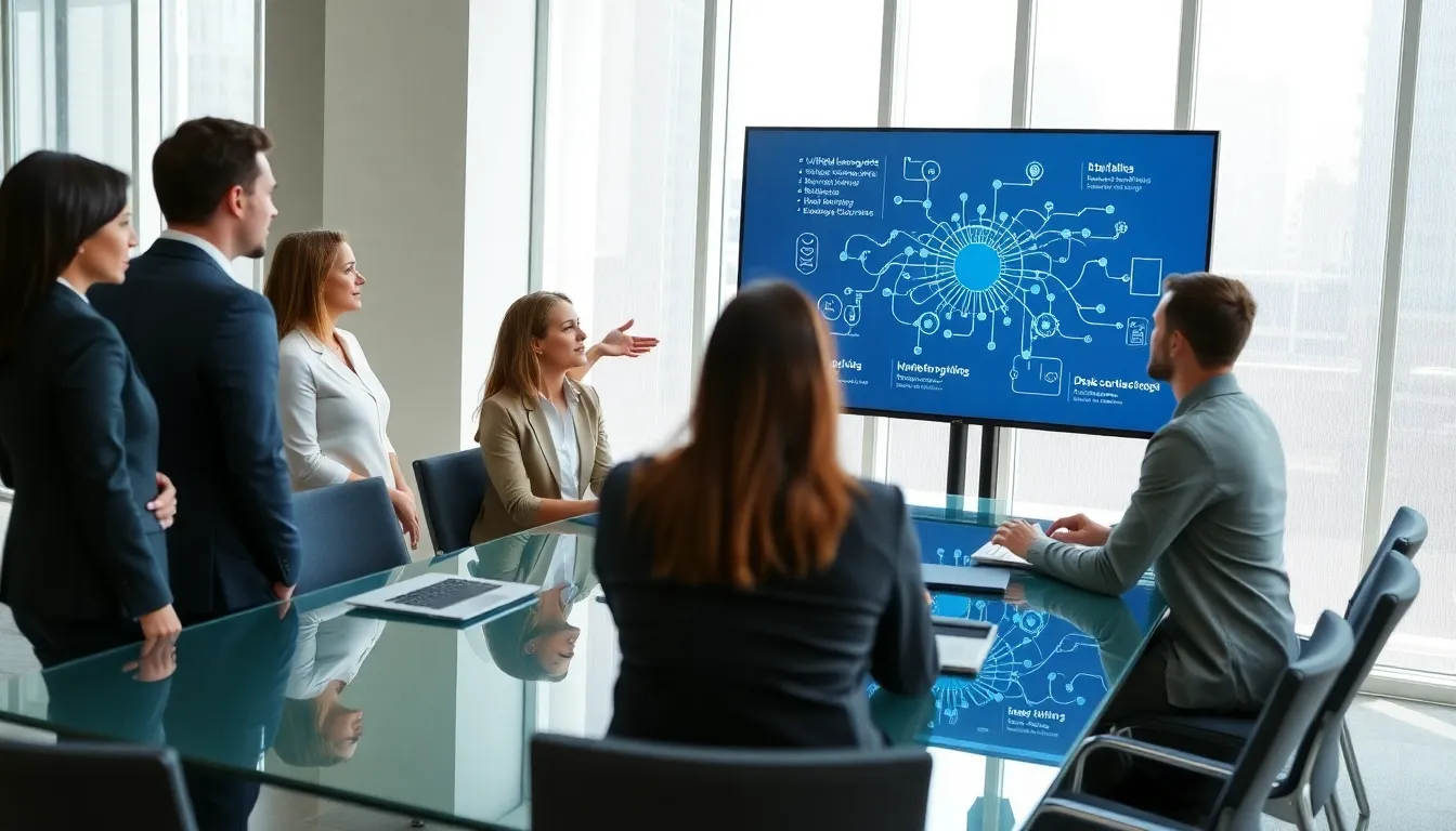 diverse professionals discussing data models in a modern office.