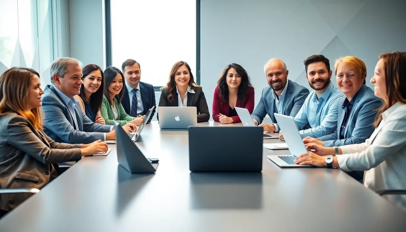 diverse group of professionals discussing Rhtlbcnjhbz in a modern conference room.