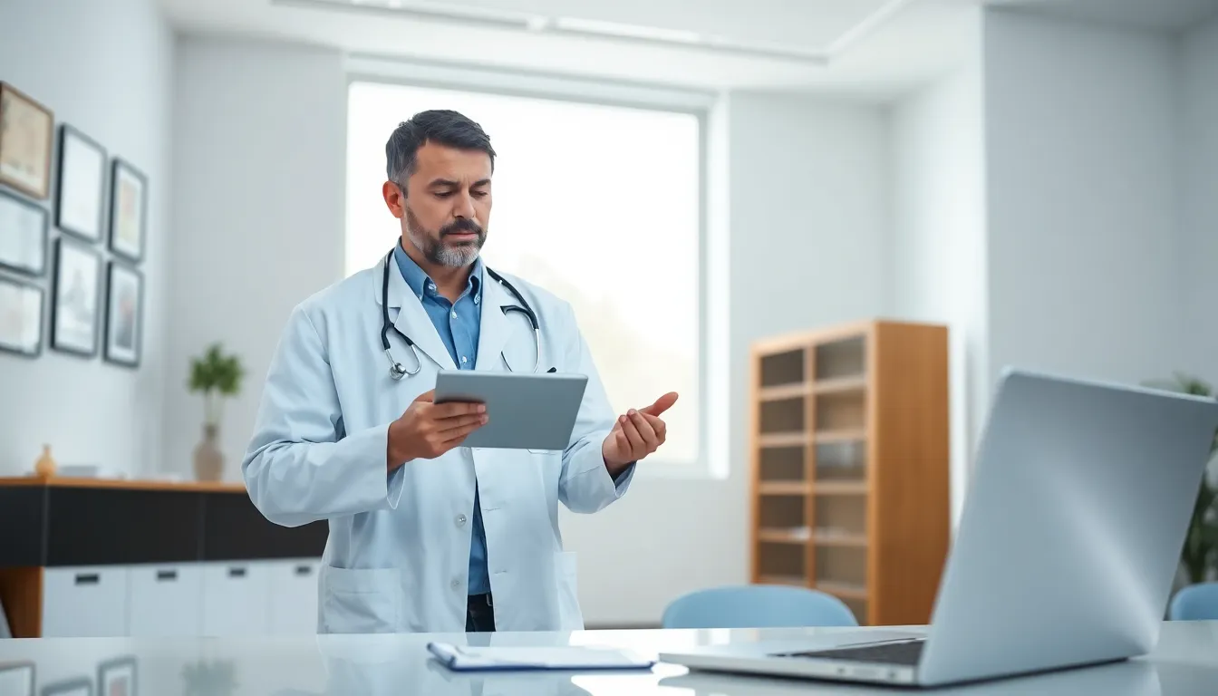 healthcare professional analyzing ICD-10 code in a modern office.