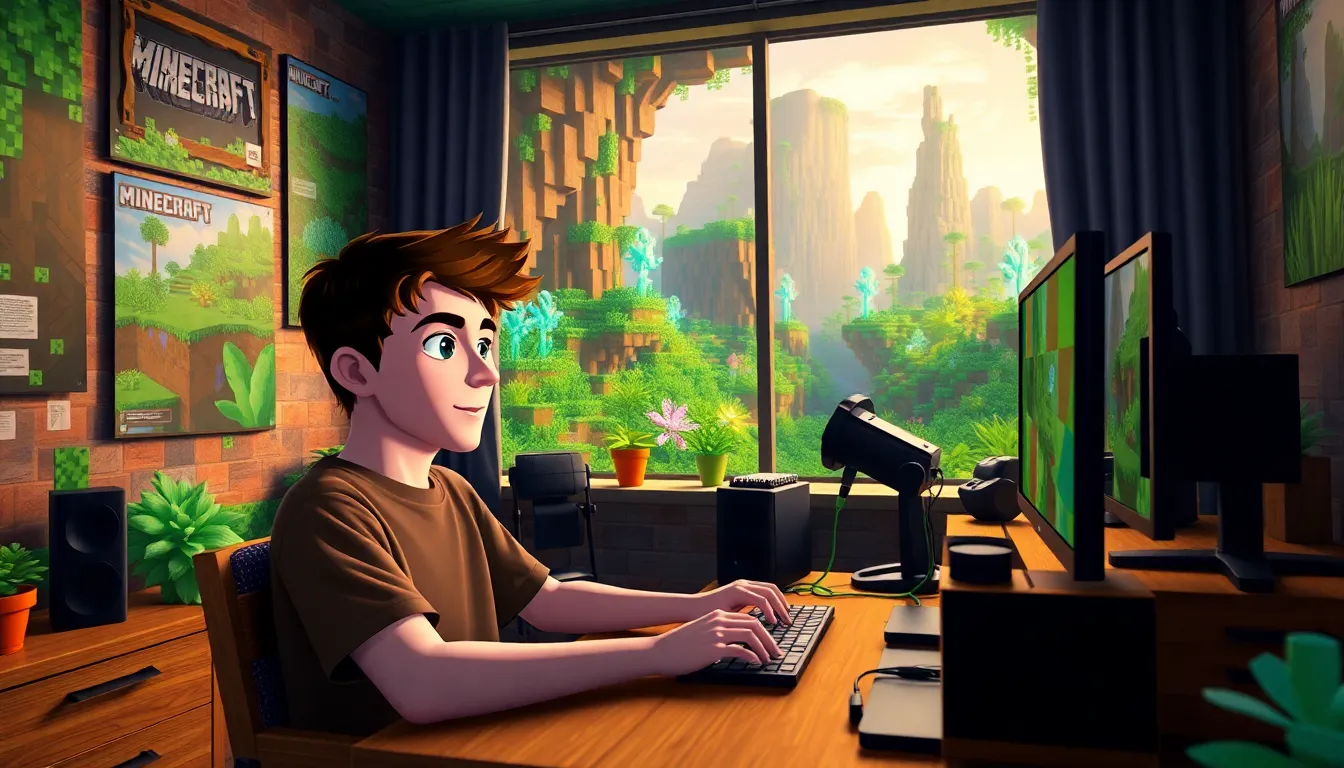 A young gamer excitedly plays Minecraft, showcasing new lush biome features.