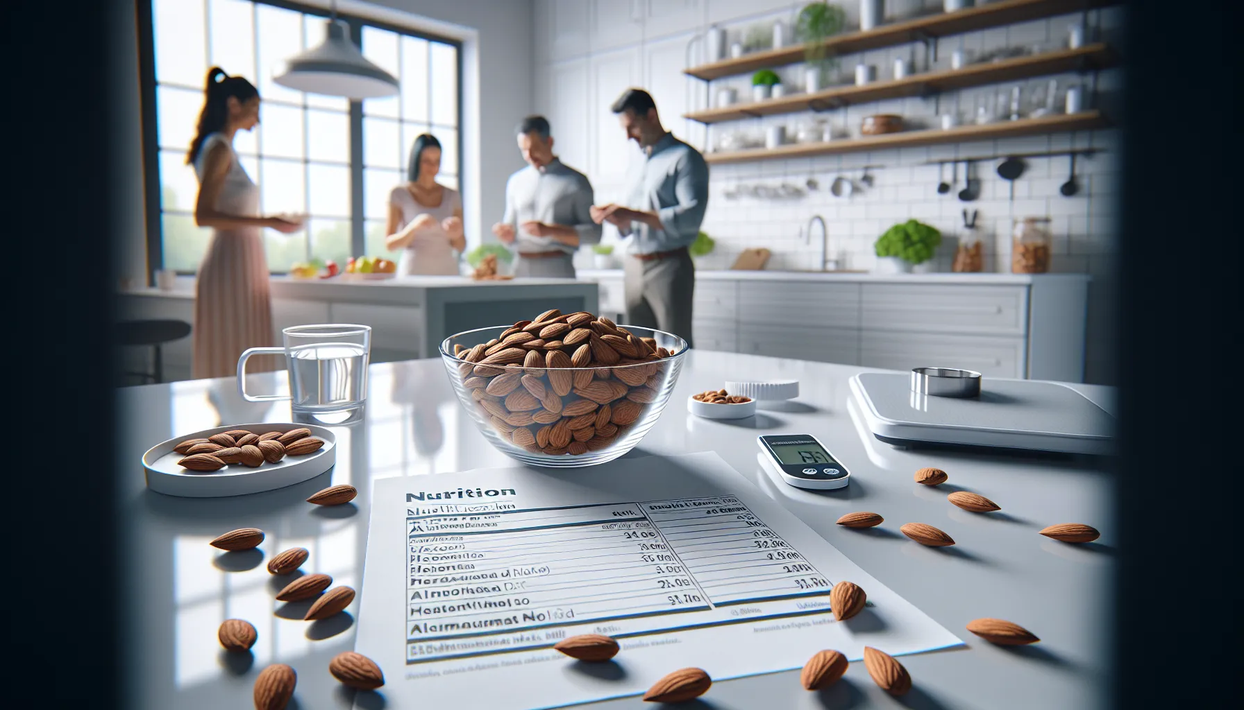 people choosing almonds with a nutrition chart nearby