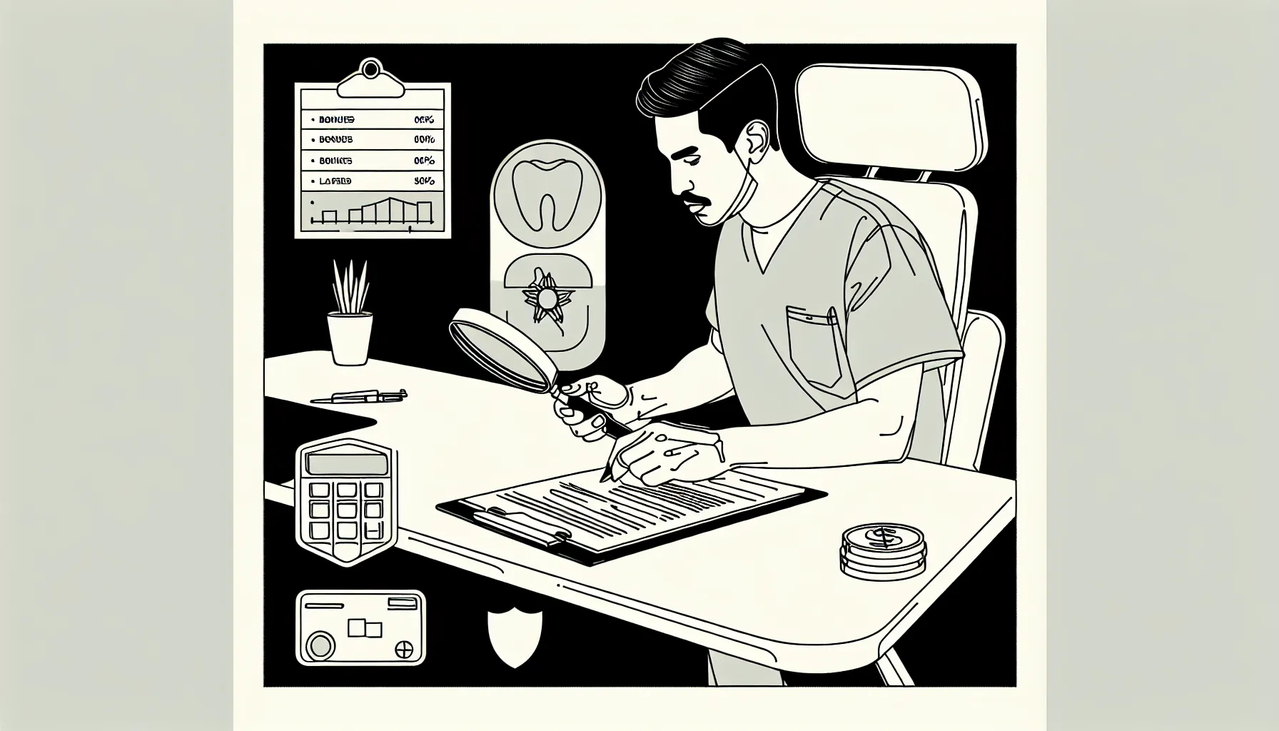 Dentist reviewing a contract with icons for pay, collections, and guarantees.