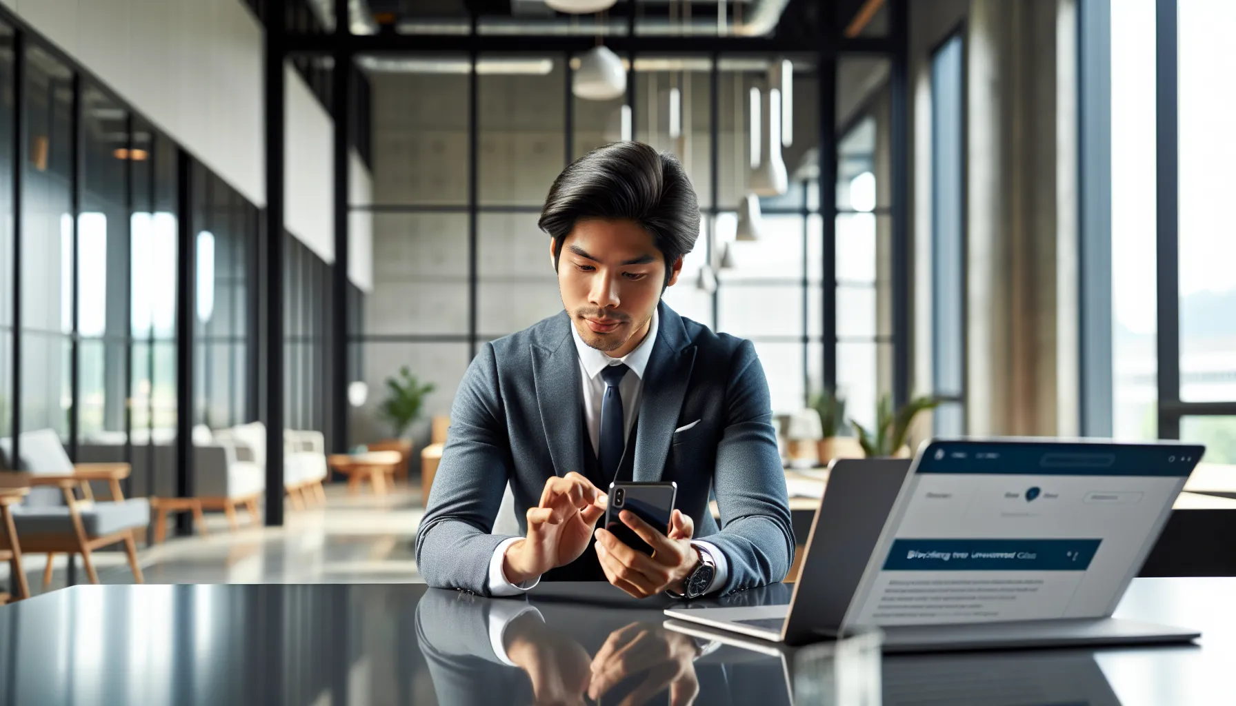 person blocking unwanted calls on a smartphone at a modern office desk.