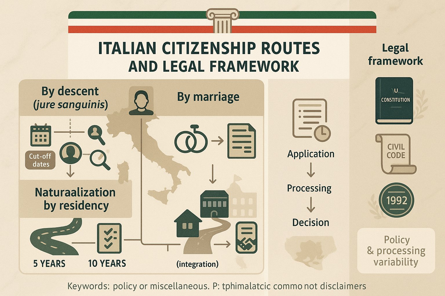Infografica verticale che mostra i percorsi di cittadinanza italiana per discendenza, matrimonio e residenza.
