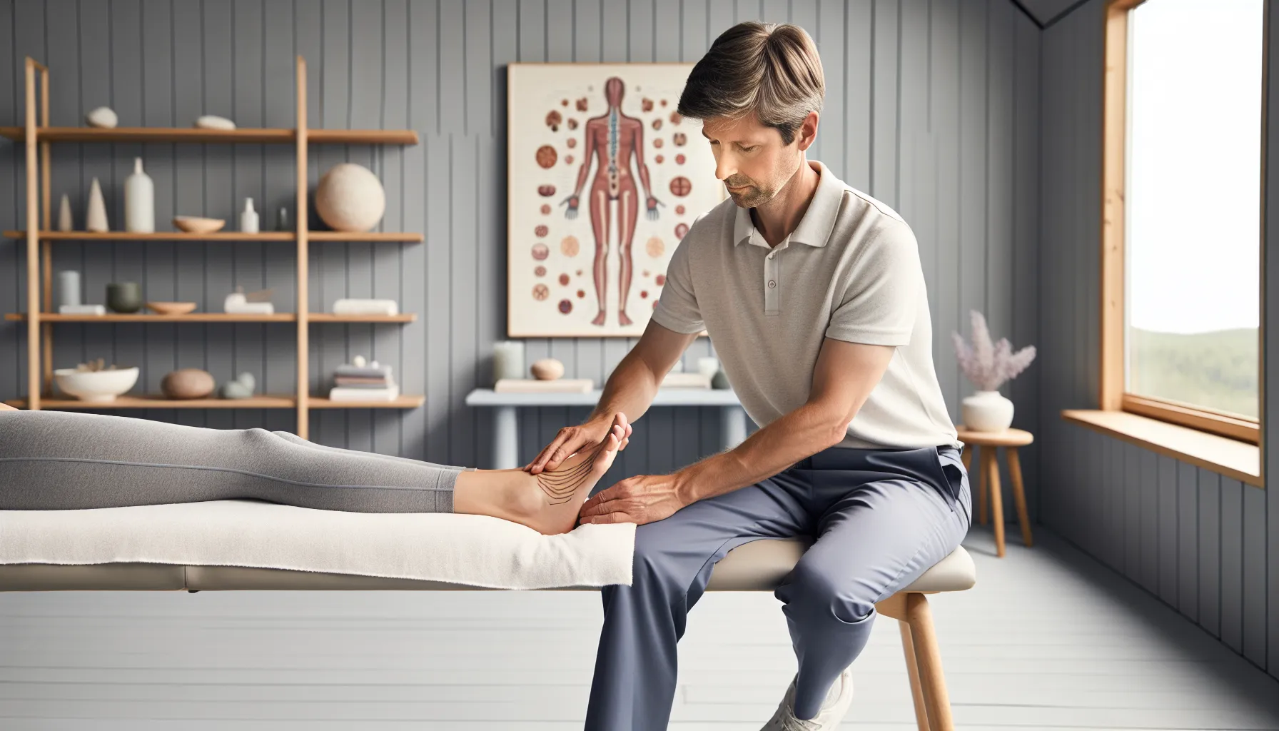 Reflexologist working on digestive foot zones in a calm norwegian wellness clinic.