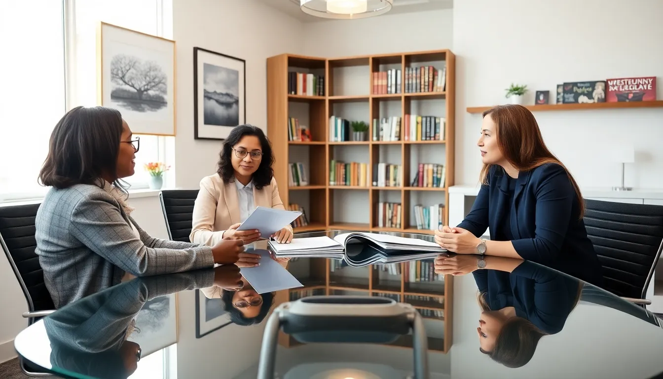 diverse mental health professionals in a bright clinic meeting.