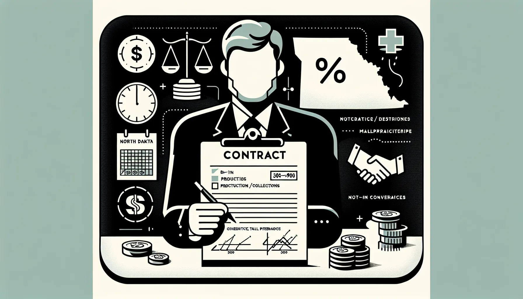 Dentist reviewing a contract with icons for pay, notice, malpractice, and ND map.