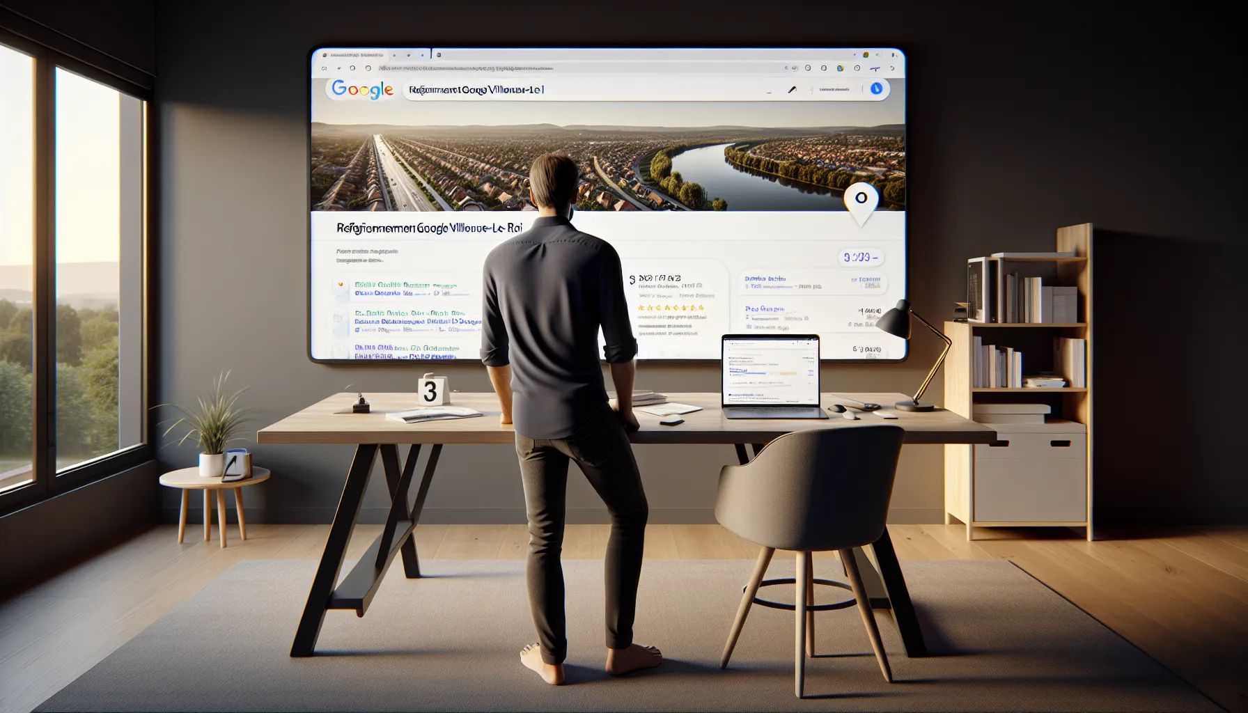 Local business owner in Villeneuve-le-Roi analyzing Google search results on a laptop.