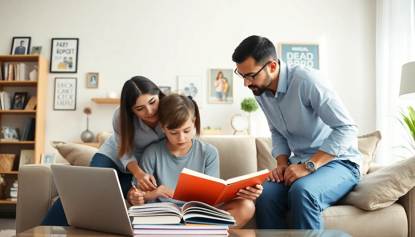 parents helping their child with homework in a modern living room.