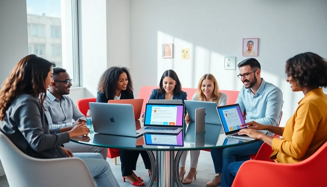 diverse team collaborating around email service in a modern office.