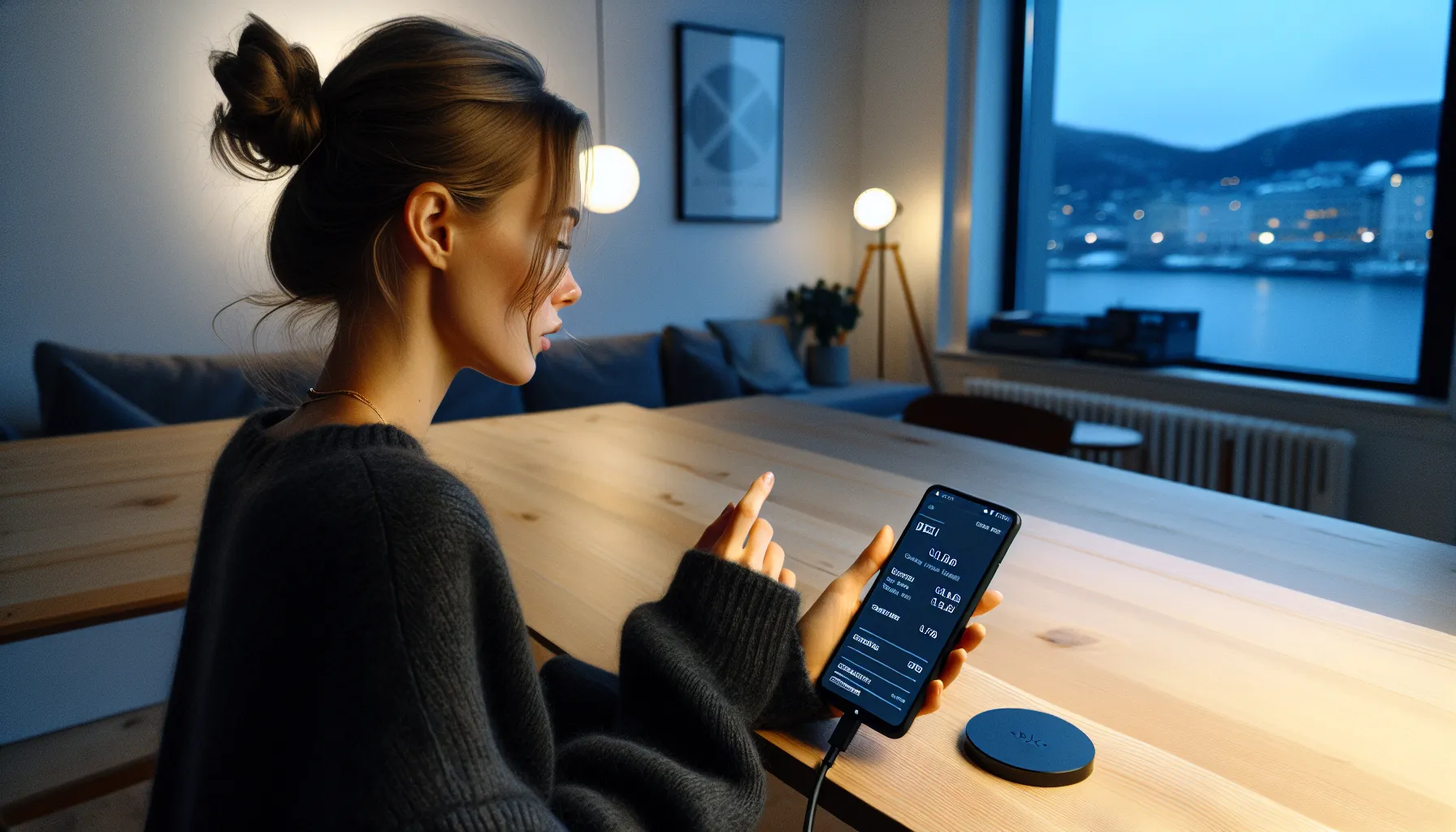 Norwegian woman signs a defi savings transaction on her phone at night.