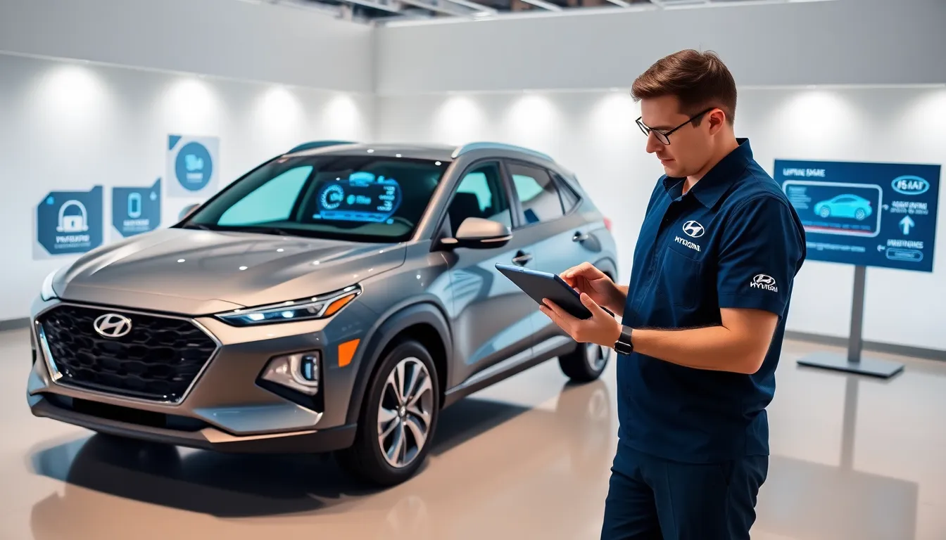 Technician updating software on a modern Hyundai vehicle in a showroom.