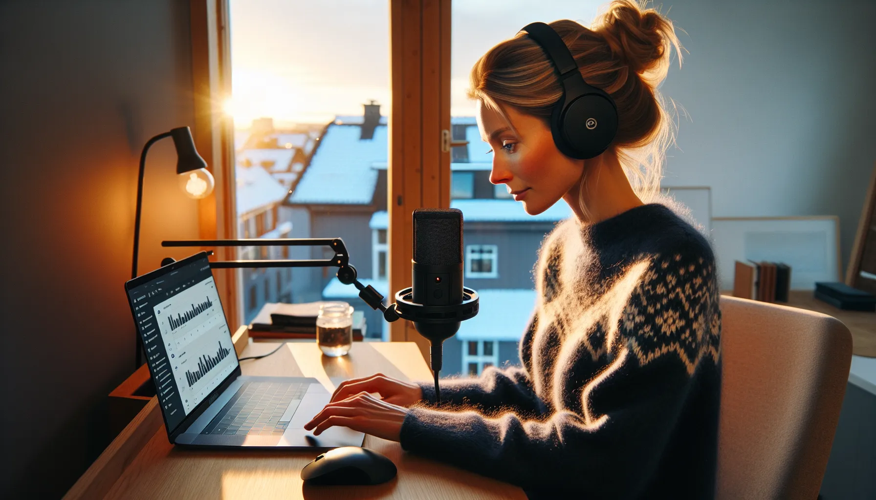 Norwegian podcaster reviews subscriptions, donations, and digital products in cozy studio.