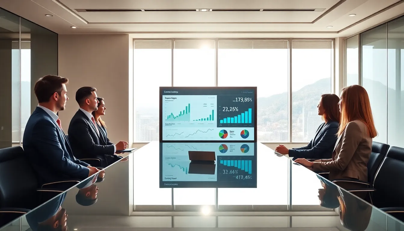 diverse executives discussing corporate finance in a modern conference room.