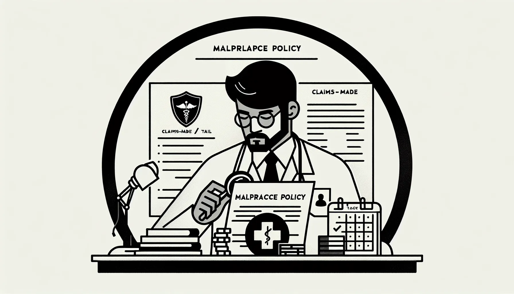 Doctor inspecting a malpractice contract with shield, calendar, and dashed tail line with Malpractice And Tail Insurance Review