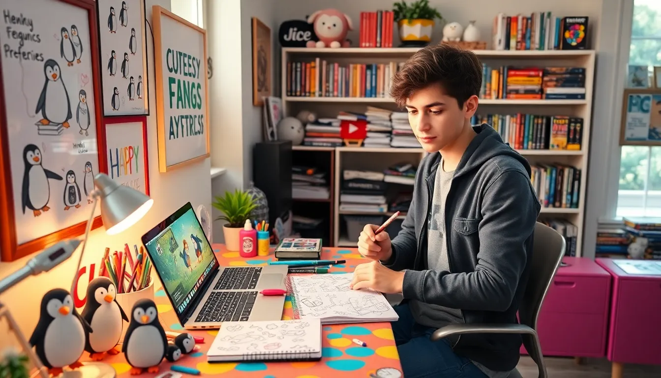 creative workspace with penguin-themed decorations and a young adult sketching.