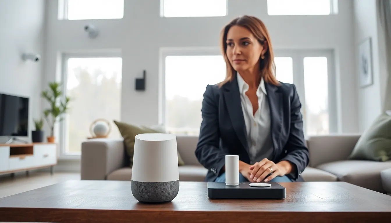 woman using Google Home for alarm system in a modern living room.