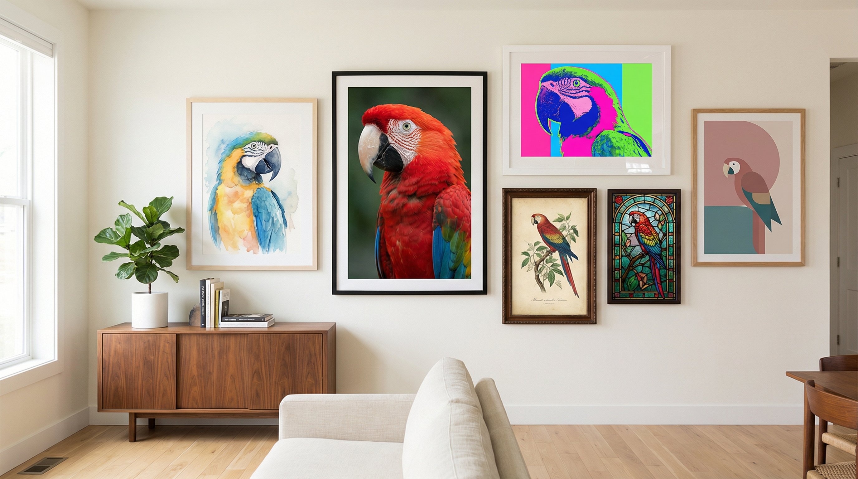 Gallery wall displaying six different macaw portrait styles in a modern living room.