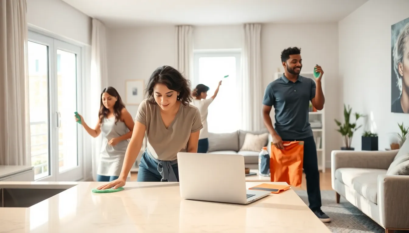 diverse cleaners working in a bright, modern home.