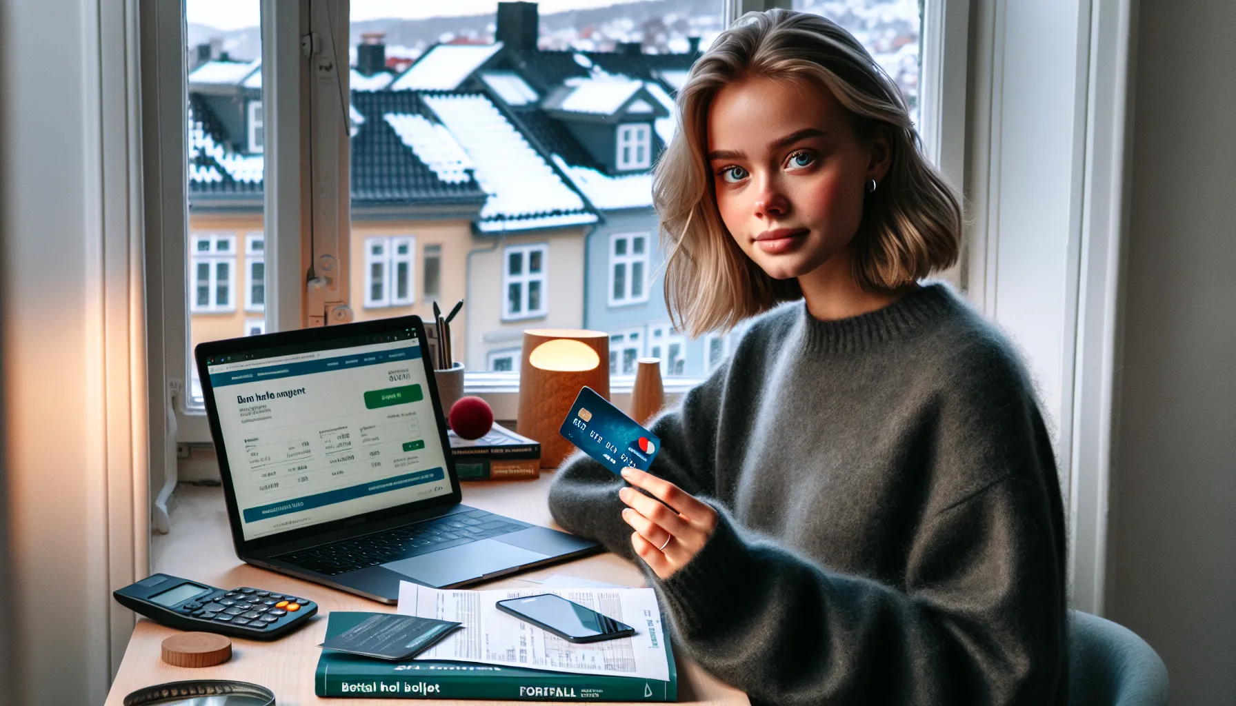 Norwegian student paying full credit card balance while budgeting at her desk.