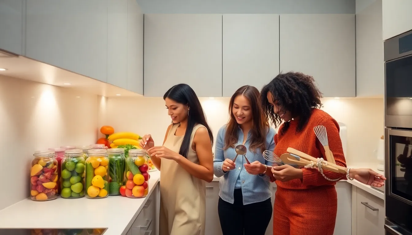 diverse individuals organizing a stylish, budget-friendly kitchen.