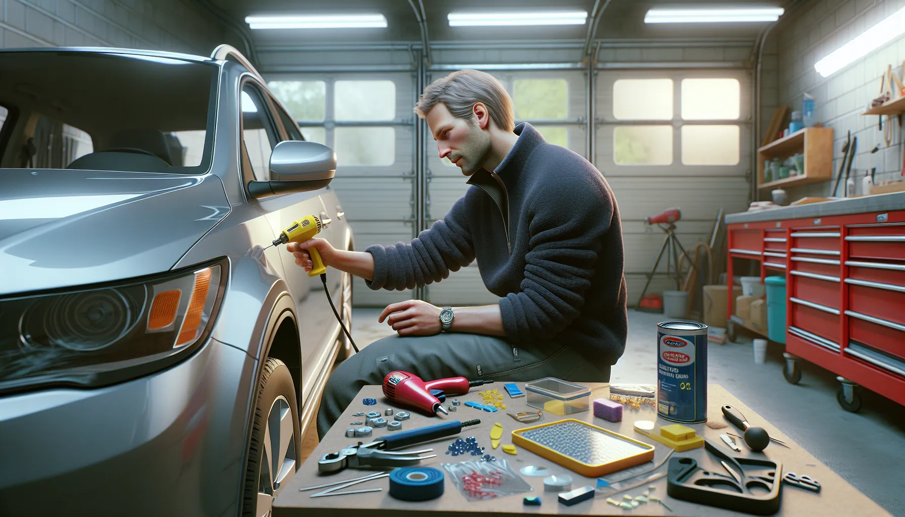 Norwegian man repairing small dents on his car with diy dent repair tools.