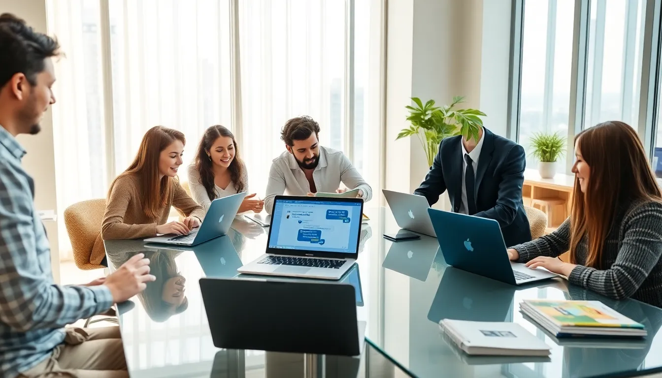 diverse professionals using laptops for language learning.