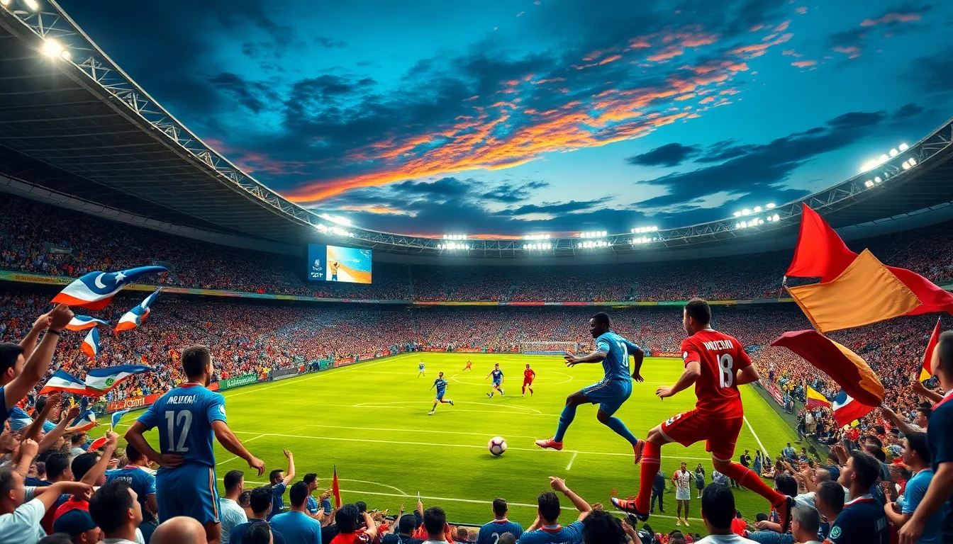 A football match in a packed stadium with excited fans in summer.