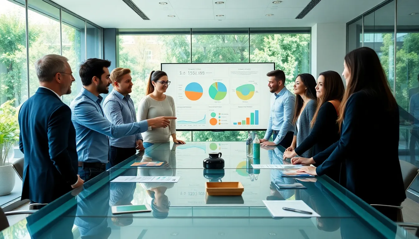 diverse professionals collaborating on sustainability initiatives in a modern office.