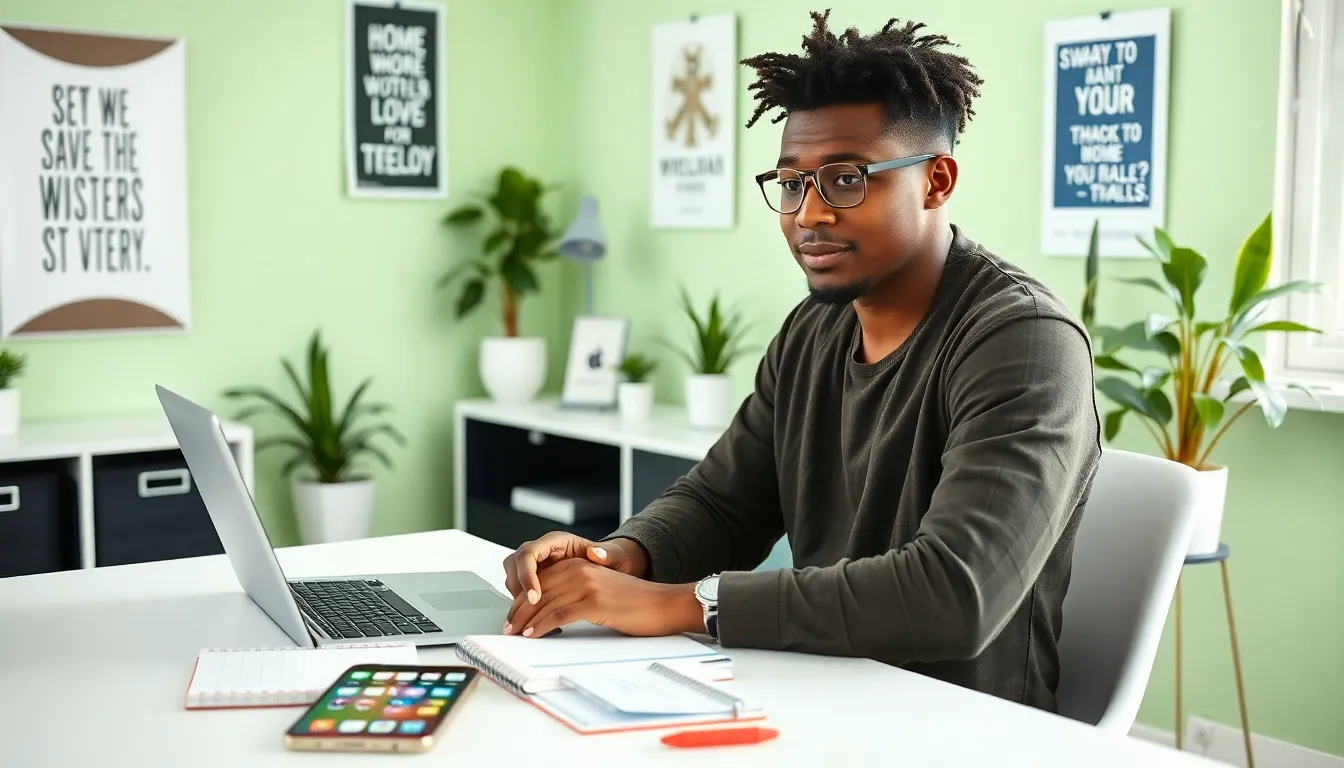 young content creator in a bright home office.