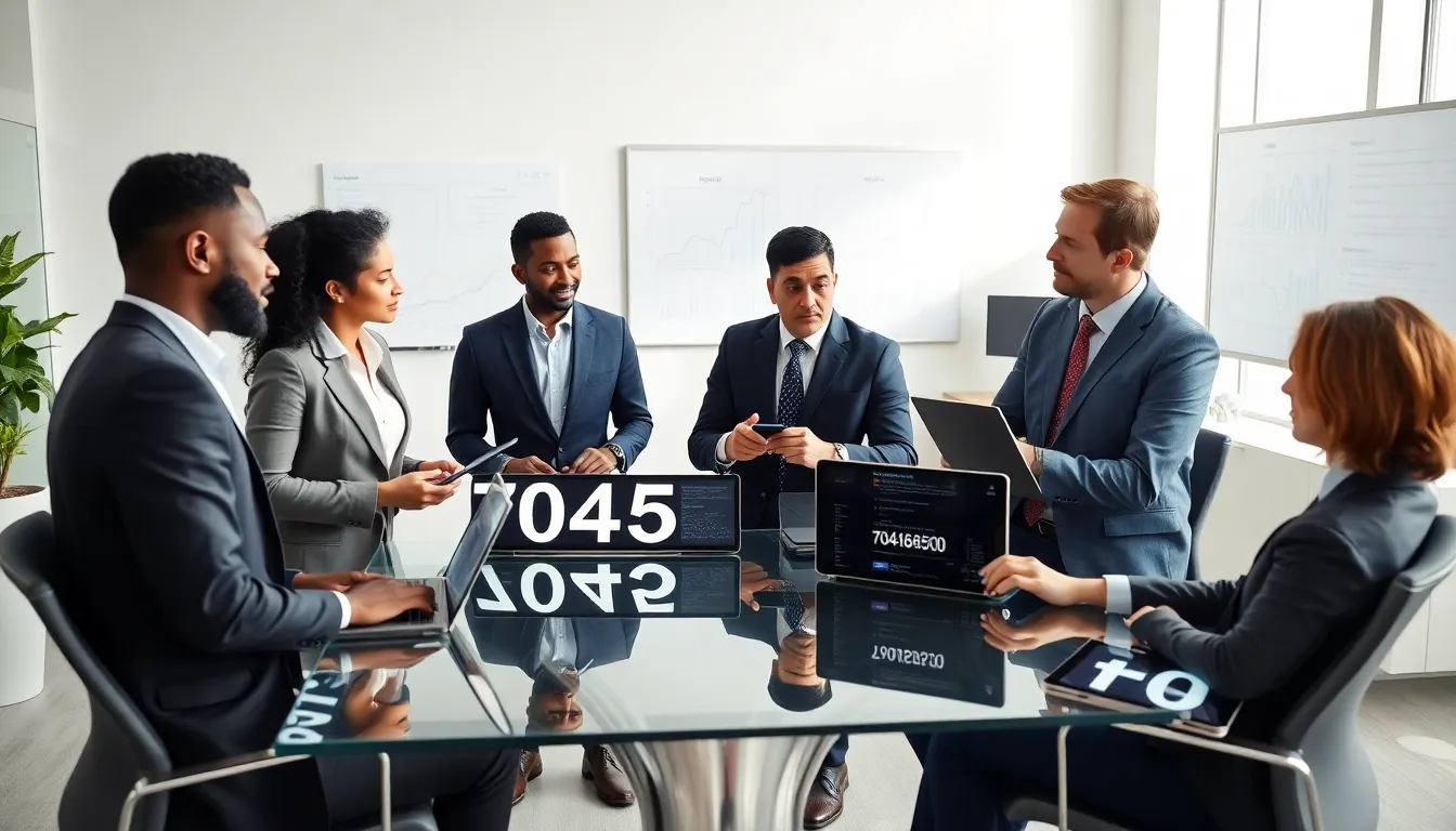 diverse professionals discussing data in a modern office.