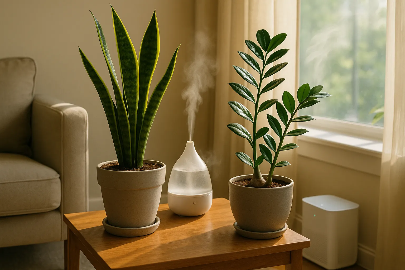 Snake plant and ZZ plant beside humidifier and air purifier by an open window.